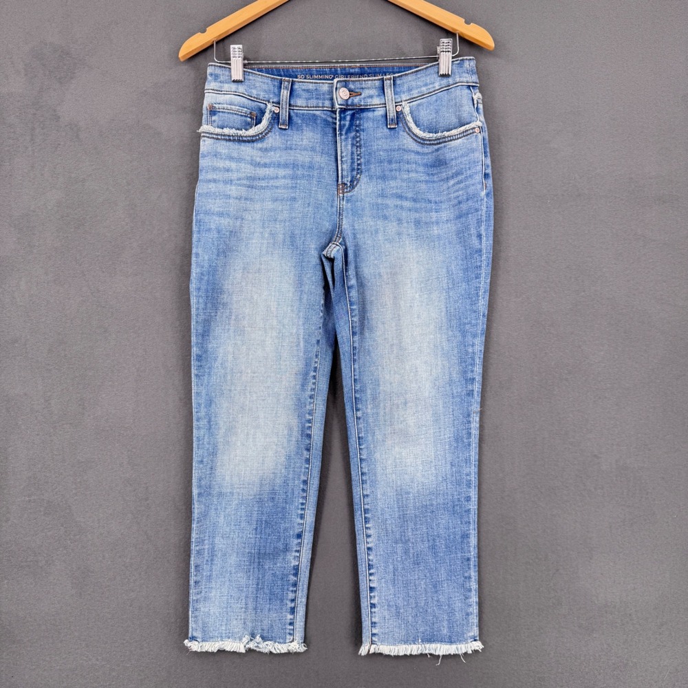 Chico's So Slimming Girlfriend Slim Leg Crop Jeans 2 Blue Frayed Hem Casual Chic